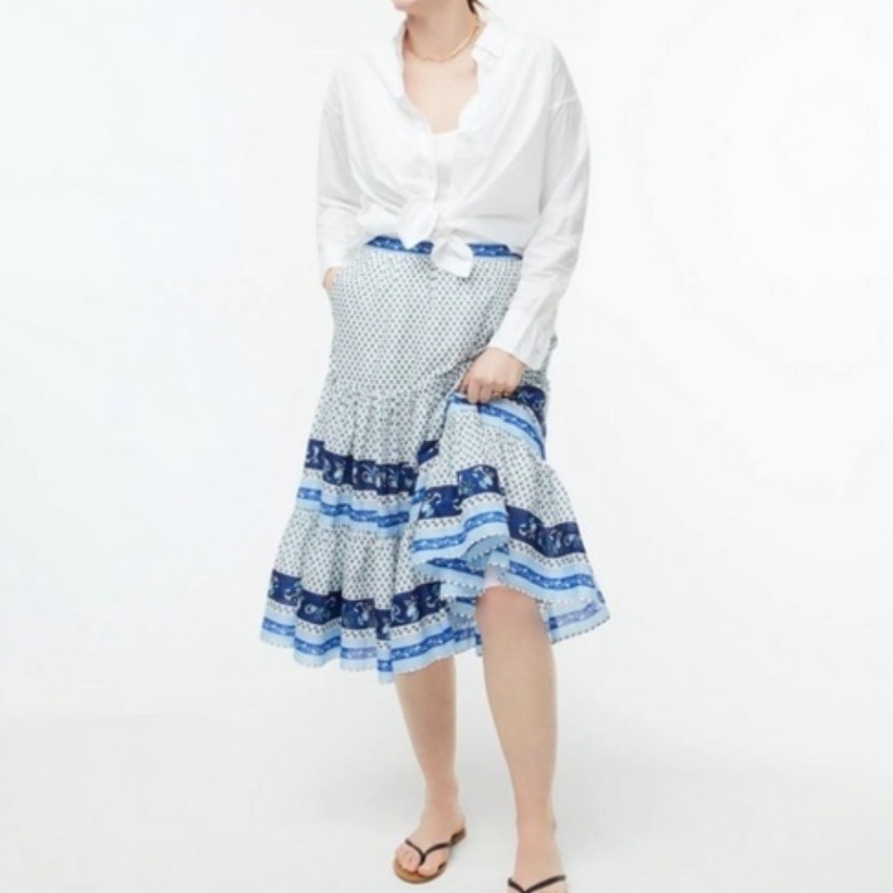 J. Crew Tiered Ruffle Ditsy Floral Blue Ribbon Block Print Skirt